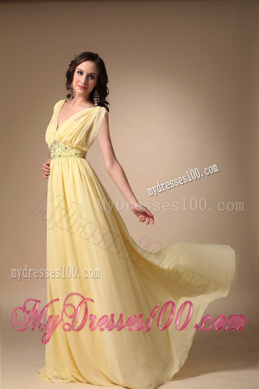V-neck Beaded Yellow Chiffon Prom Celebrity Dress Empire Style