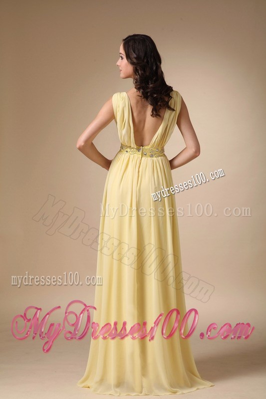 V-neck Beaded Yellow Chiffon Prom Celebrity Dress Empire Style