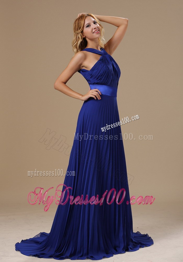 V-neck Backless Royal Blue Pleated Chiffon Prom Dress