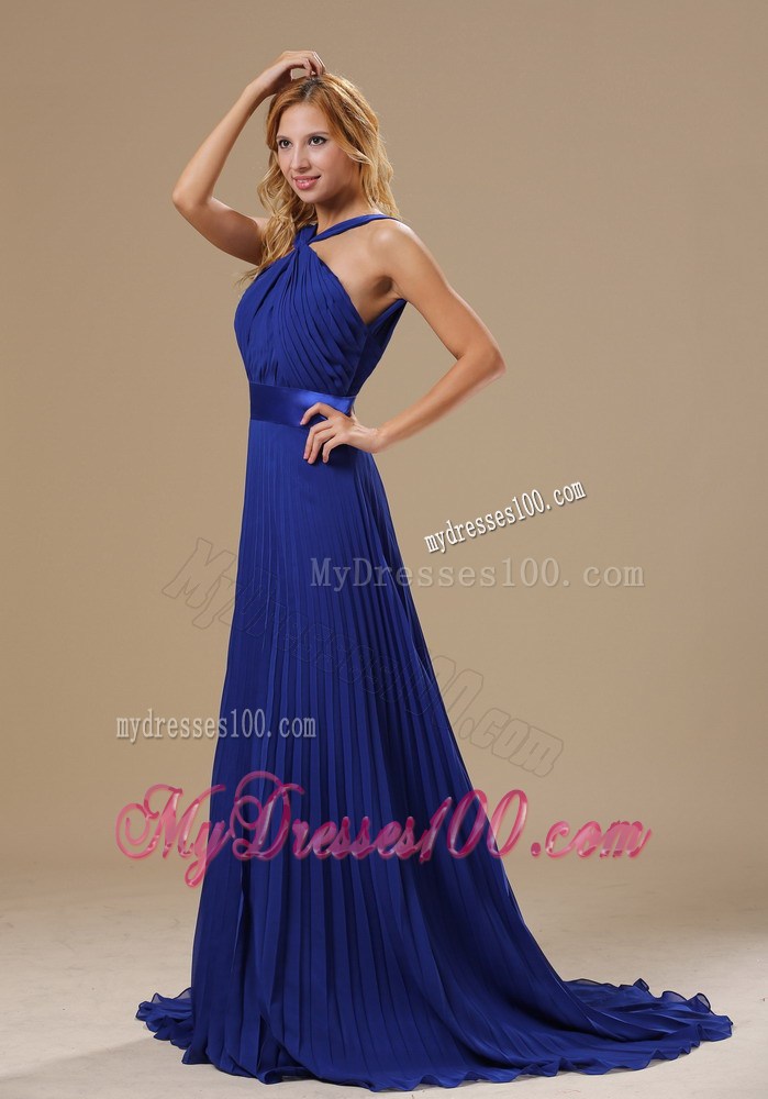V-neck Backless Royal Blue Pleated Chiffon Prom Dress
