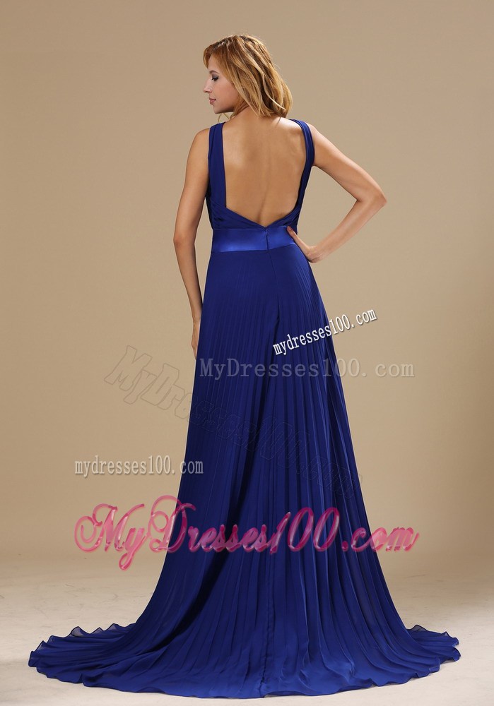 V-neck Backless Royal Blue Pleated Chiffon Prom Dress