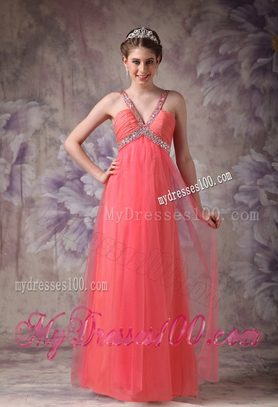 Ruching Decorated Zipper-up Back Prom Gown with Beading Straps