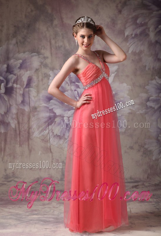Ruching Decorated Zipper-up Back Prom Gown with Beading Straps