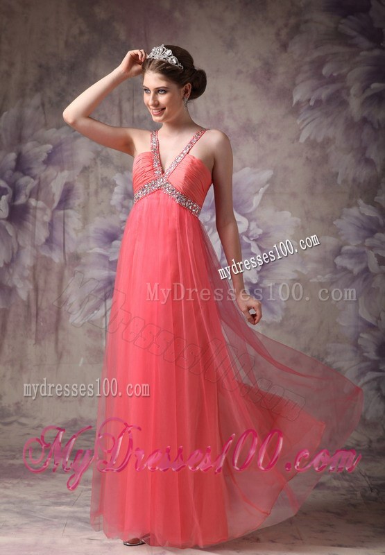 Ruching Decorated Zipper-up Back Prom Gown with Beading Straps