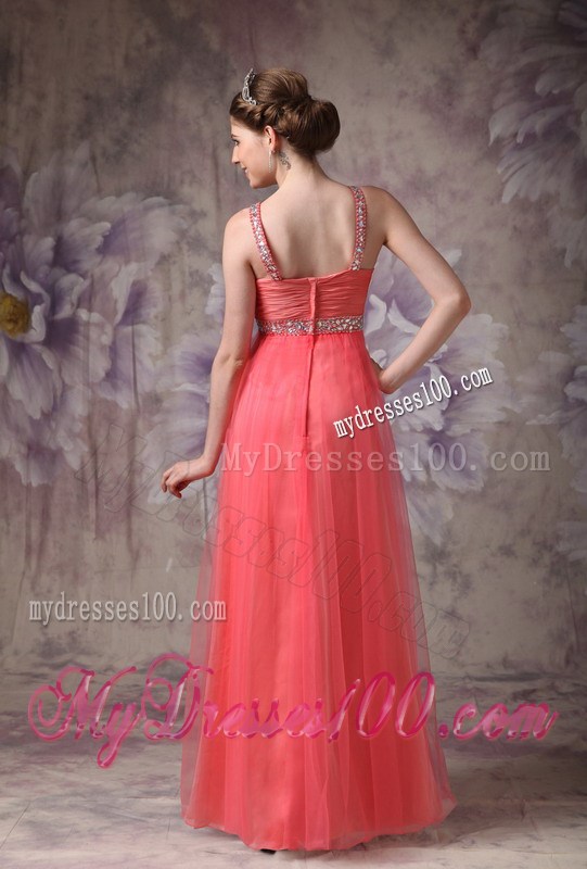 Ruching Decorated Zipper-up Back Prom Gown with Beading Straps
