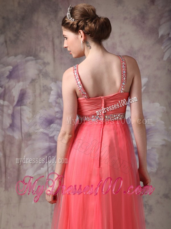 Ruching Decorated Zipper-up Back Prom Gown with Beading Straps
