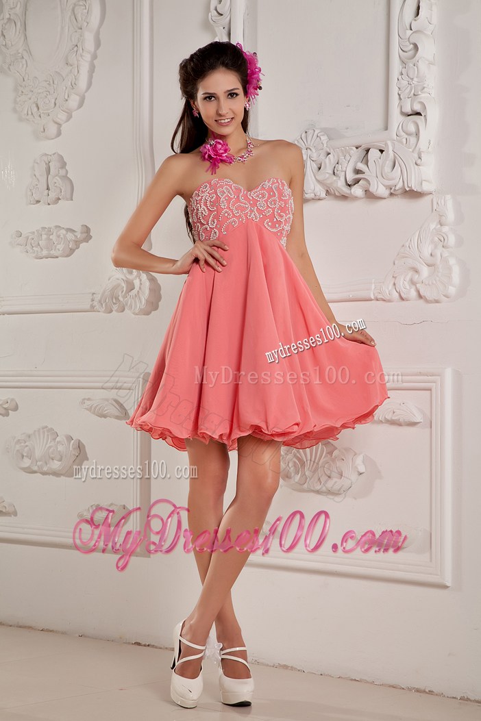 Watermelon Chiffon Mini Prom Dress with Appliques and Pleats