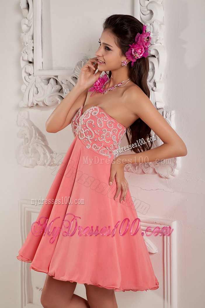 Watermelon Chiffon Mini Prom Dress with Appliques and Pleats