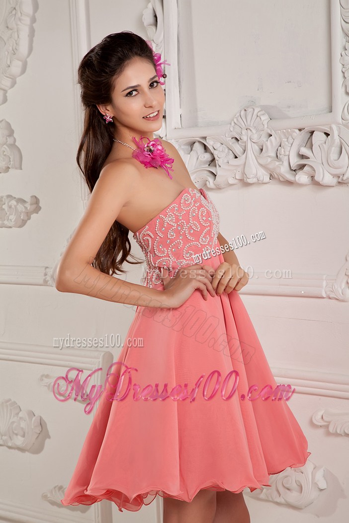 Watermelon Chiffon Mini Prom Dress with Appliques and Pleats