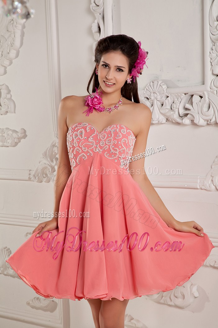 Watermelon Chiffon Mini Prom Dress with Appliques and Pleats