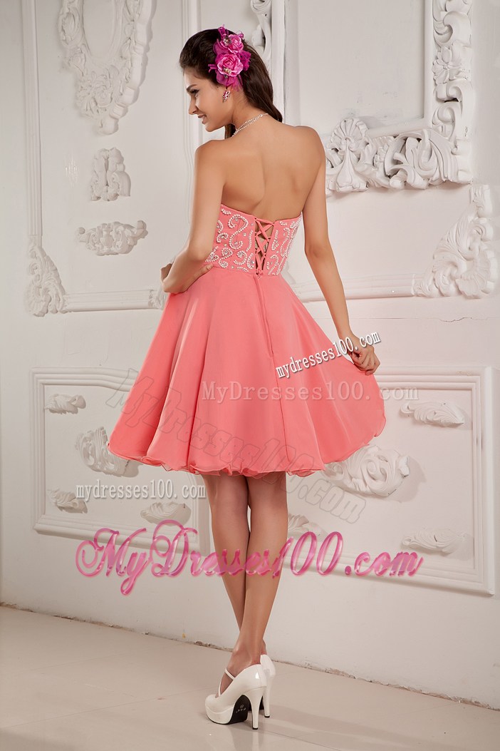 Watermelon Chiffon Mini Prom Dress with Appliques and Pleats
