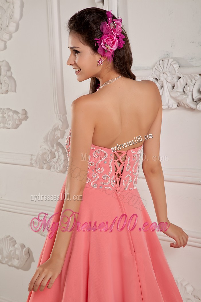Watermelon Chiffon Mini Prom Dress with Appliques and Pleats