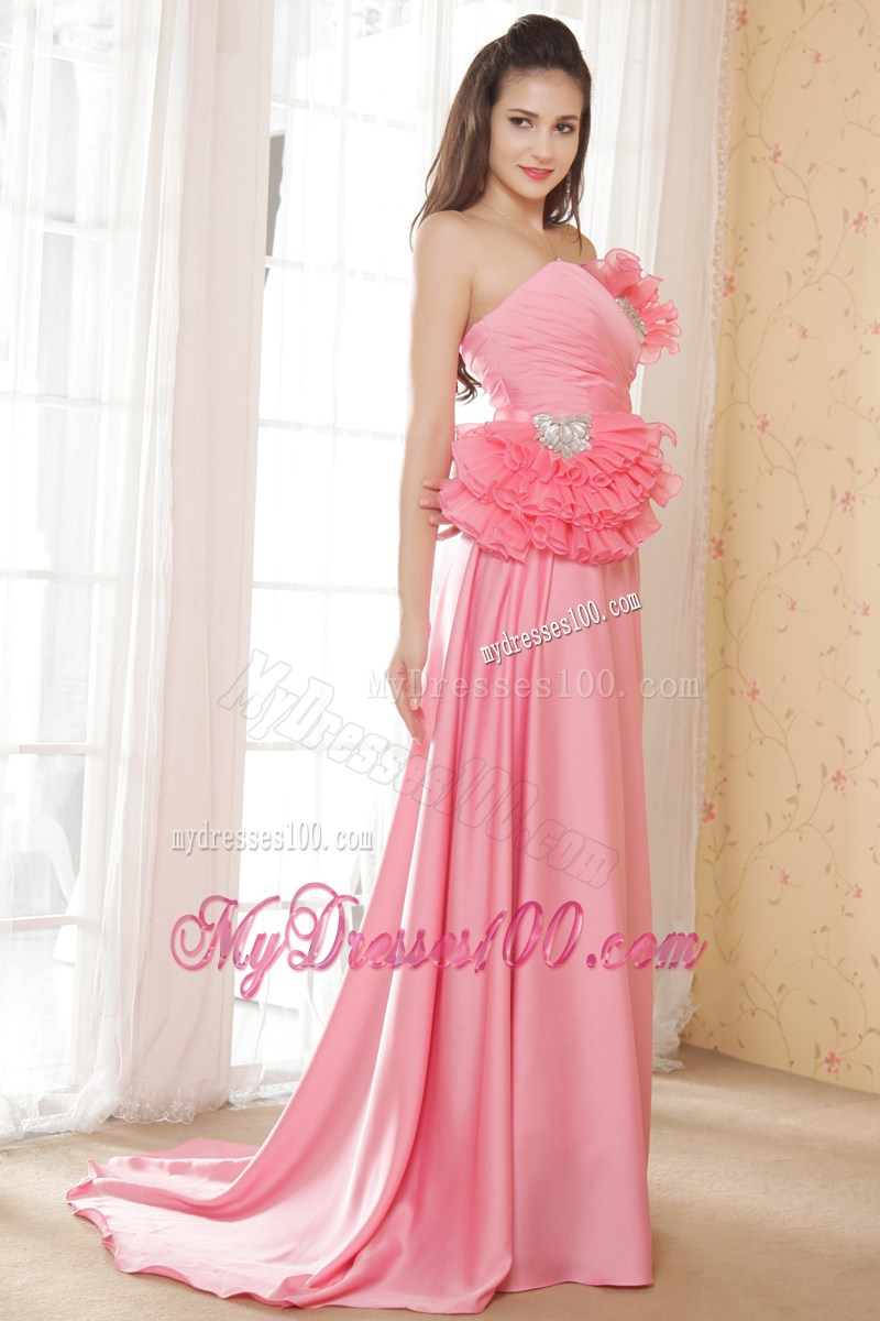 Watermelon Pink Brush Train Prom Gown with Beaded Flowers