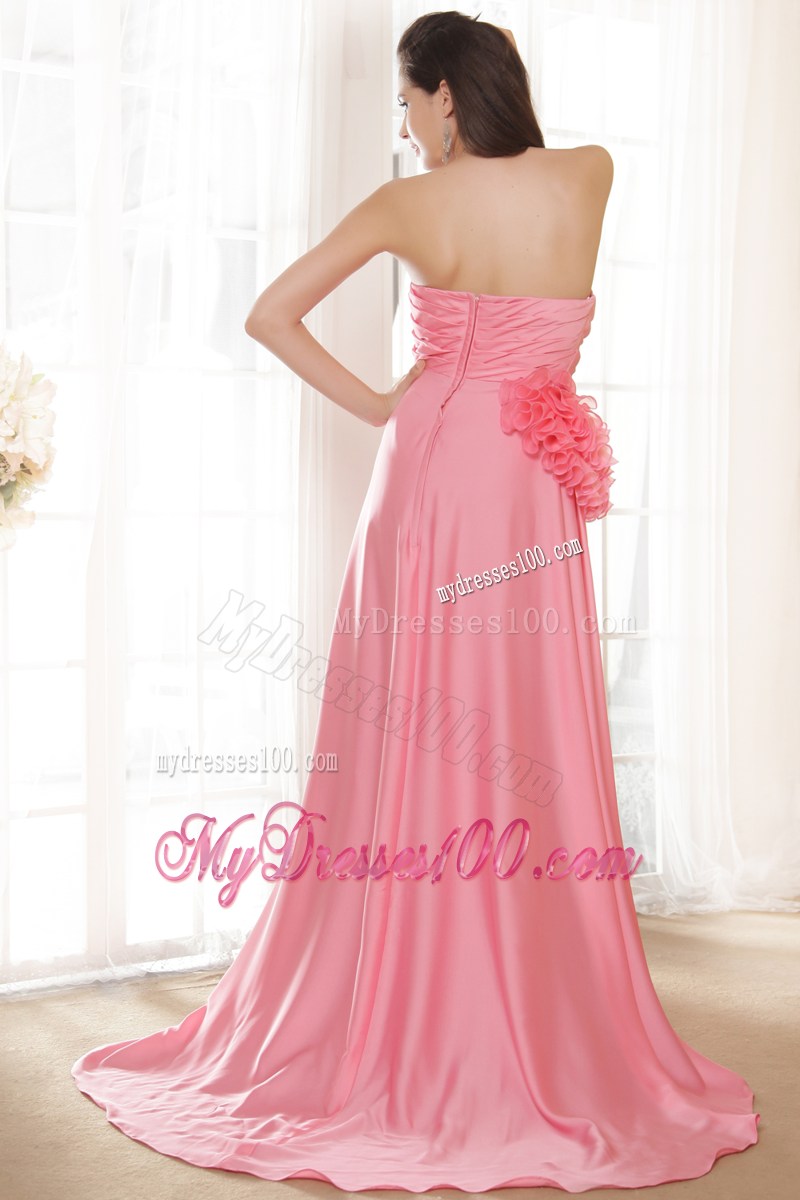 Watermelon Pink Brush Train Prom Gown with Beaded Flowers