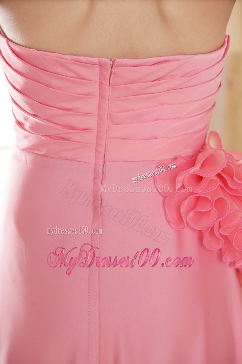 Watermelon Pink Brush Train Prom Gown with Beaded Flowers