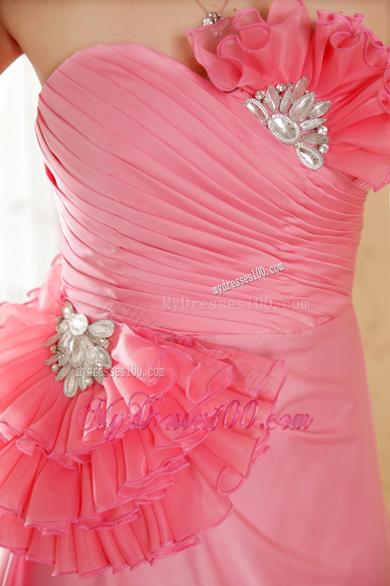 Watermelon Pink Brush Train Prom Gown with Beaded Flowers