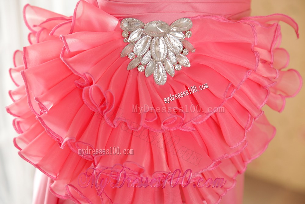 Watermelon Pink Brush Train Prom Gown with Beaded Flowers