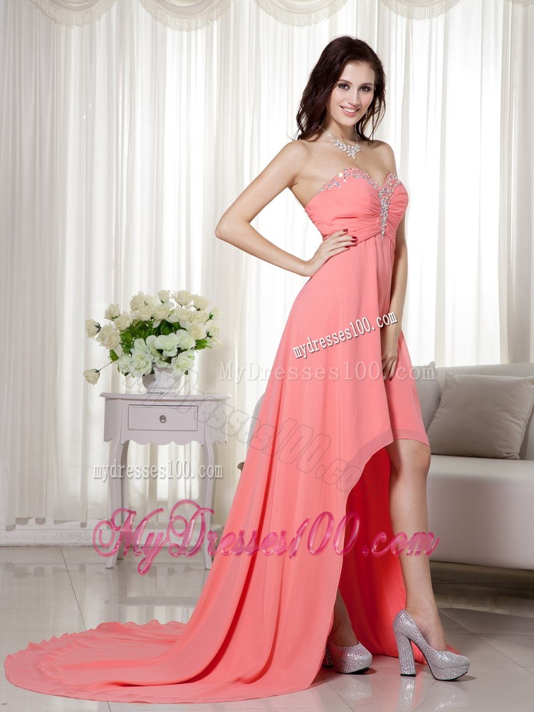 Watermelon Sweetheart High-low Beaded and Ruched Prom Dress