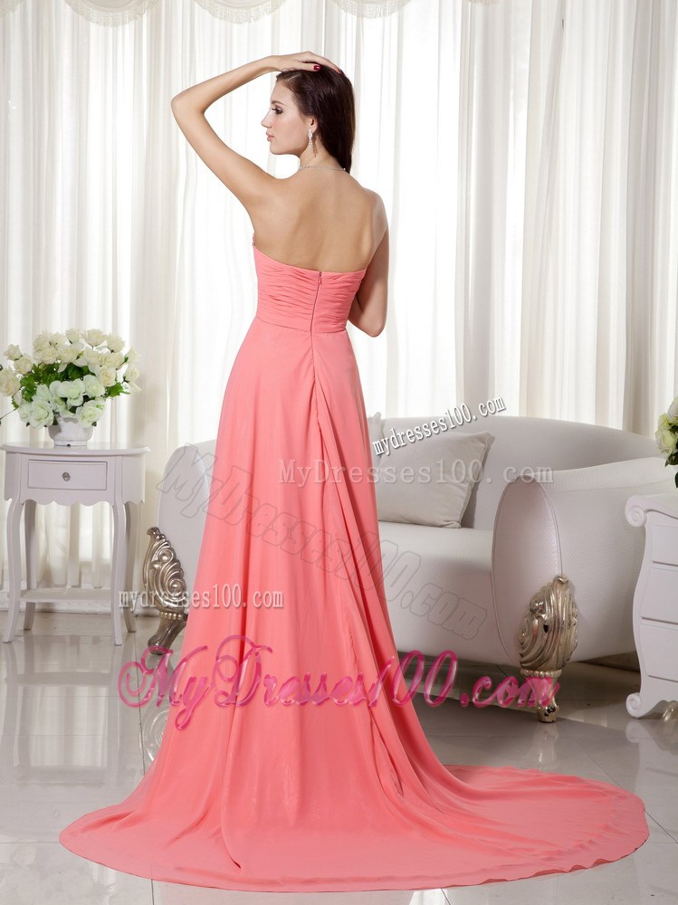 Watermelon Sweetheart High-low Beaded and Ruched Prom Dress