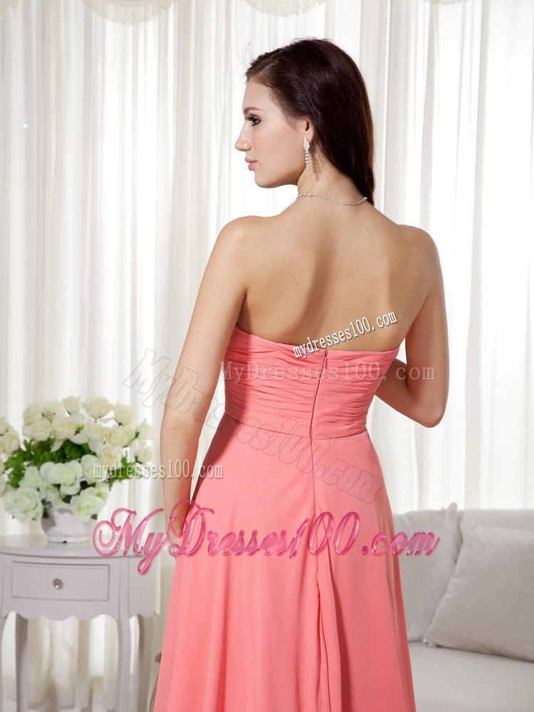 Watermelon Sweetheart High-low Beaded and Ruched Prom Dress