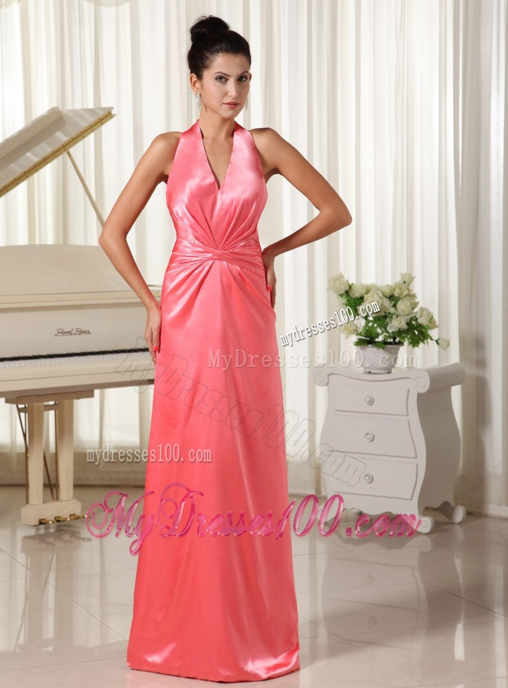 Discount Watermelon With Halter Top prom Dress Ruched Decorate