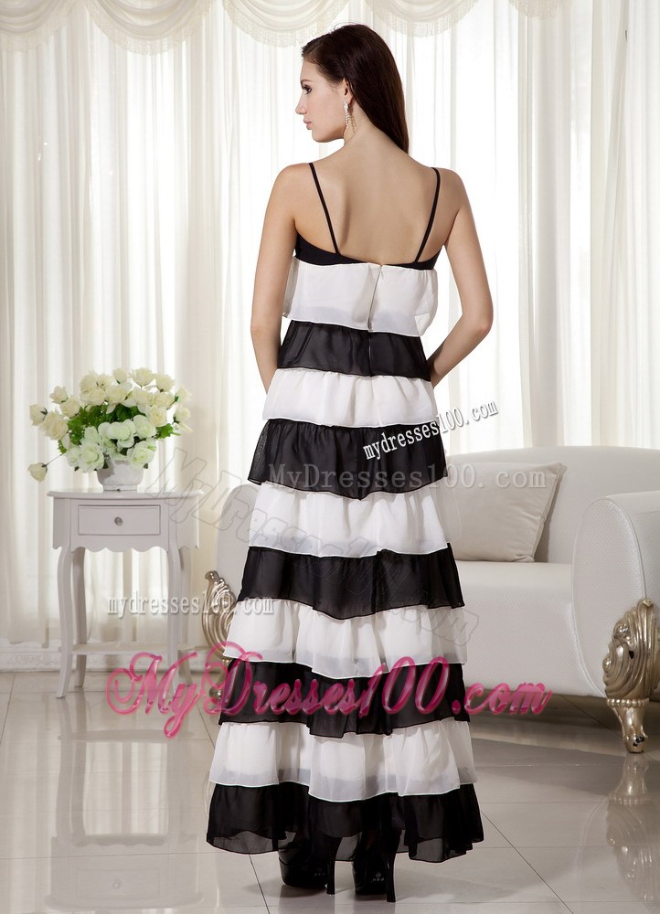 White and Black for Spaghetti Straps Ruffled Prom Dress in Ankle-length