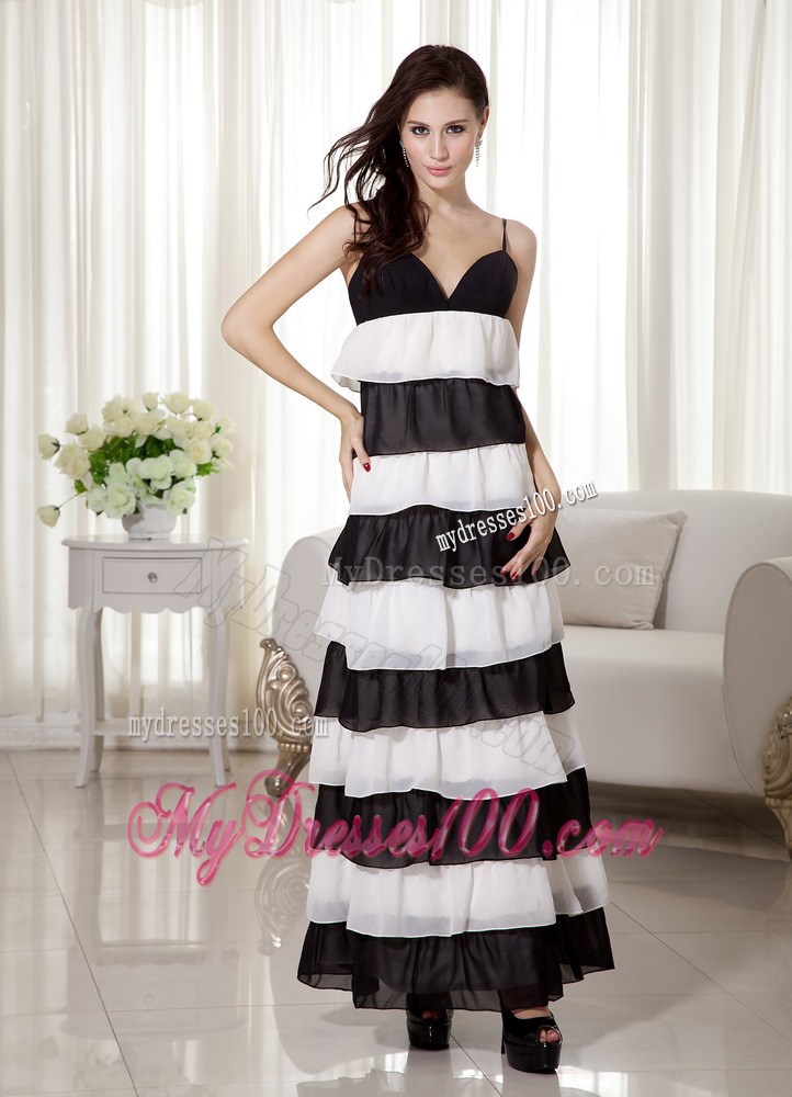 White and Black for Spaghetti Straps Ruffled Prom Dress in Ankle-length