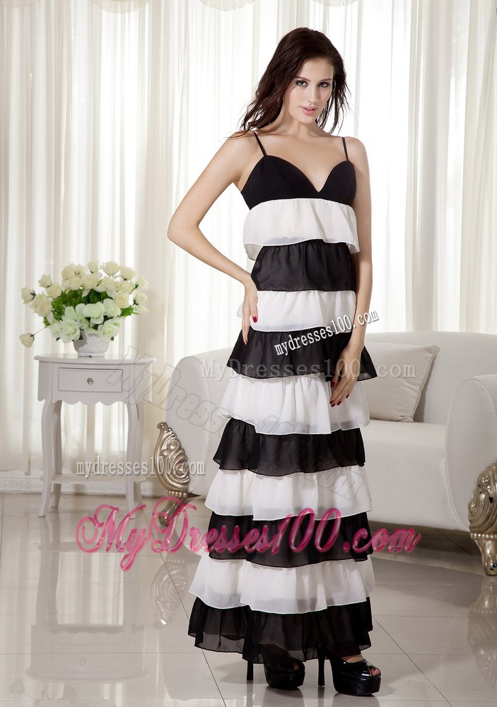 White and Black for Spaghetti Straps Ruffled Prom Dress in Ankle-length