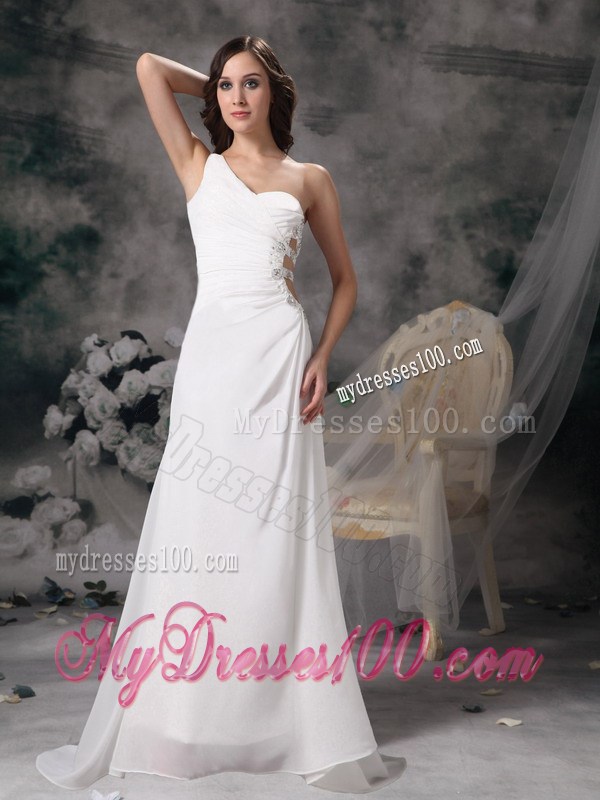 One Shoulder White Prom Dress with Cut out Beaded Straps