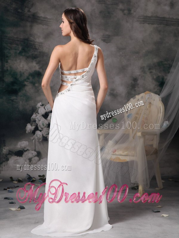 One Shoulder White Prom Dress with Cut out Beaded Straps