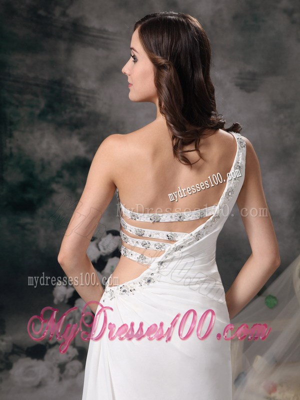 One Shoulder White Prom Dress with Cut out Beaded Straps
