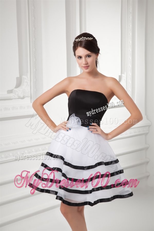 White and Black A-line Strapless Mini-length Organza Evening Dress with Ruffled Layers