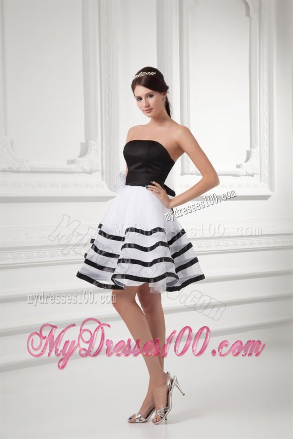 White and Black A-line Strapless Mini-length Organza Evening Dress with Ruffled Layers