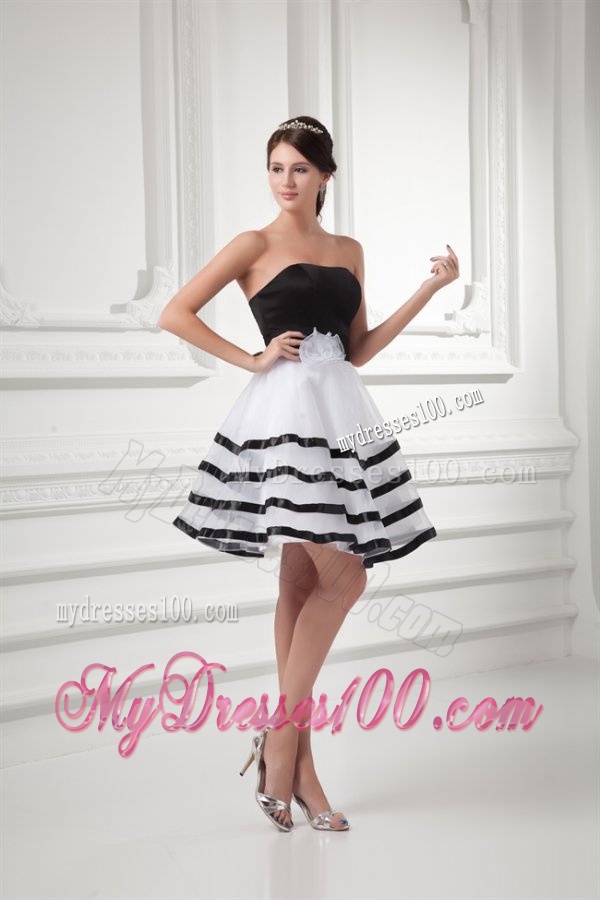 White and Black A-line Strapless Mini-length Organza Evening Dress with Ruffled Layers