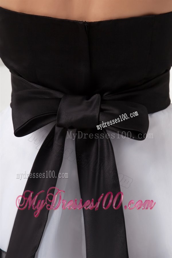White and Black A-line Strapless Mini-length Organza Evening Dress with Ruffled Layers