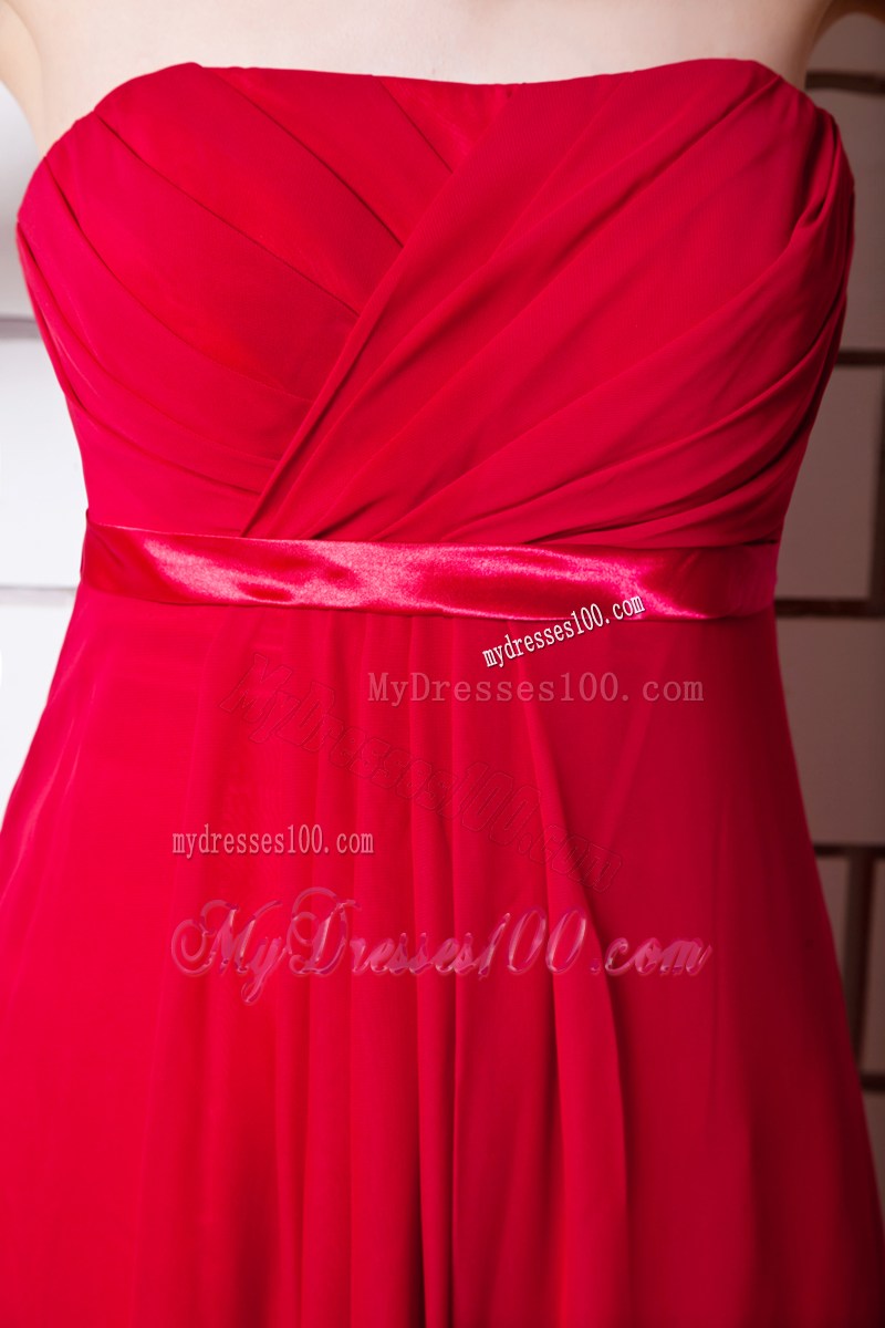 Floor-length Wine Red Prom Dress with Sash and Ruches