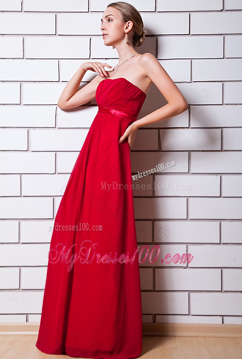 Floor-length Wine Red Prom Dress with Sash and Ruches