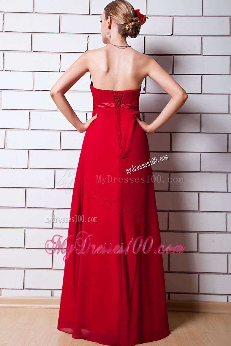 Floor-length Wine Red Prom Dress with Sash and Ruches