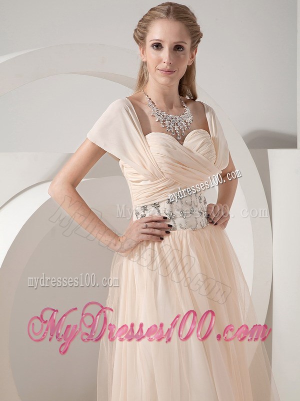 Customize Champagne Column Sweetheart Prom Dress with Cap Sleeves
