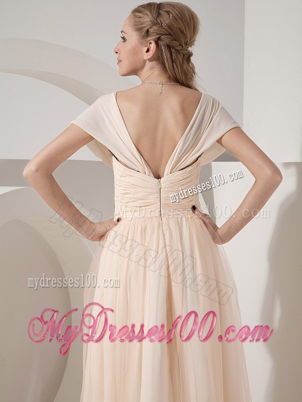 Customize Champagne Column Sweetheart Prom Dress with Cap Sleeves