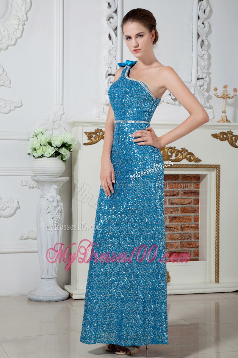 Teal Asymmetrical Sequins Prom Gown of Ankle-length