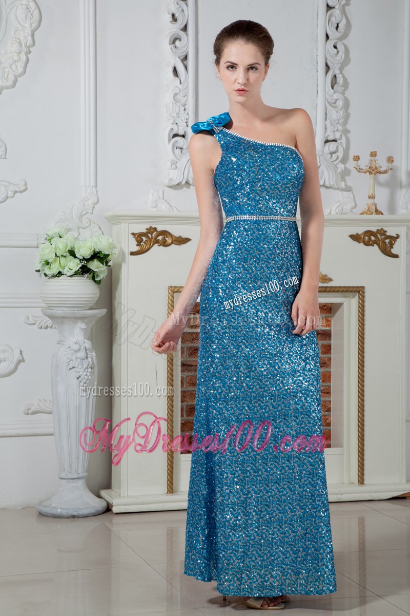 Teal Asymmetrical Sequins Prom Gown of Ankle-length