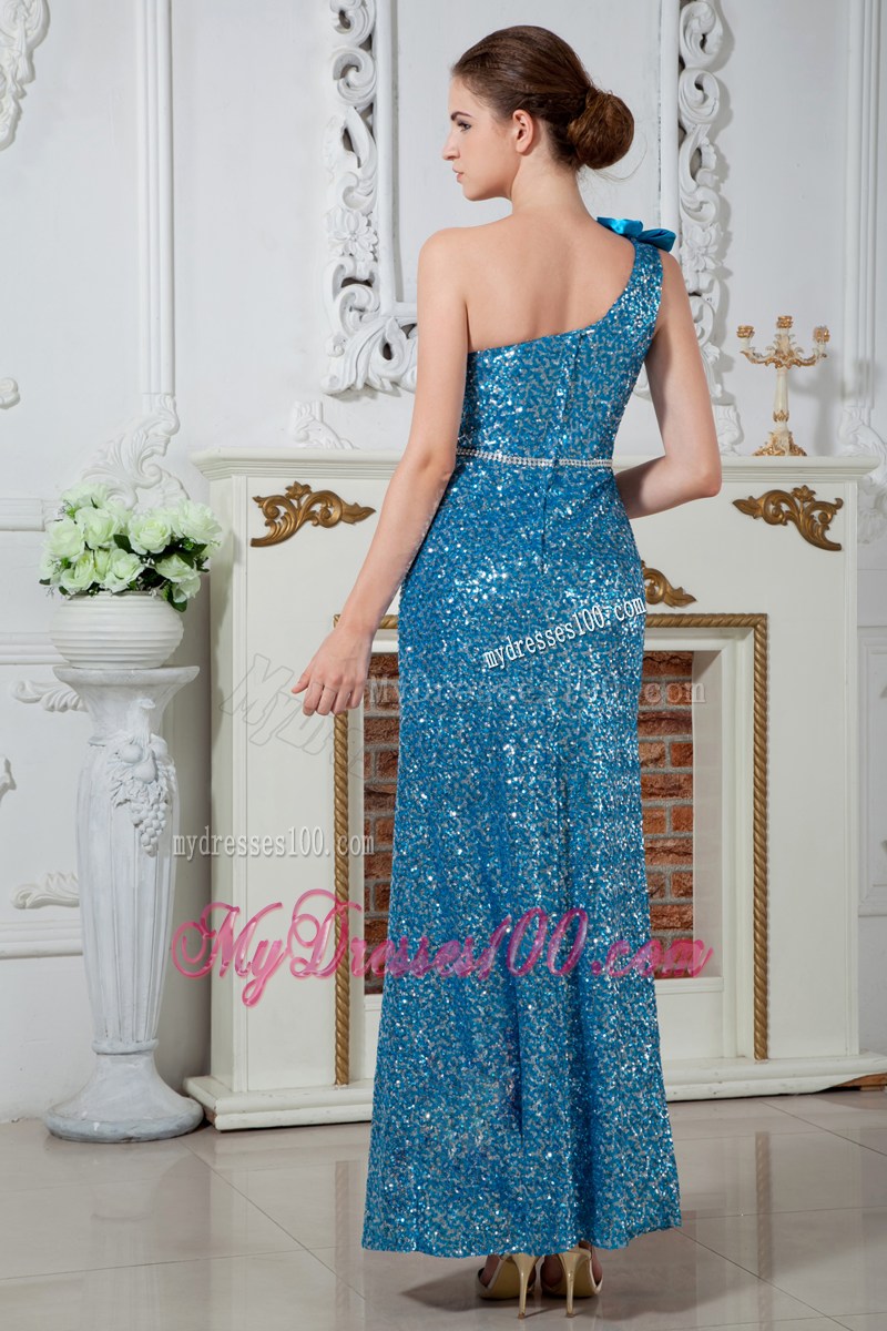 Teal Asymmetrical Sequins Prom Gown of Ankle-length