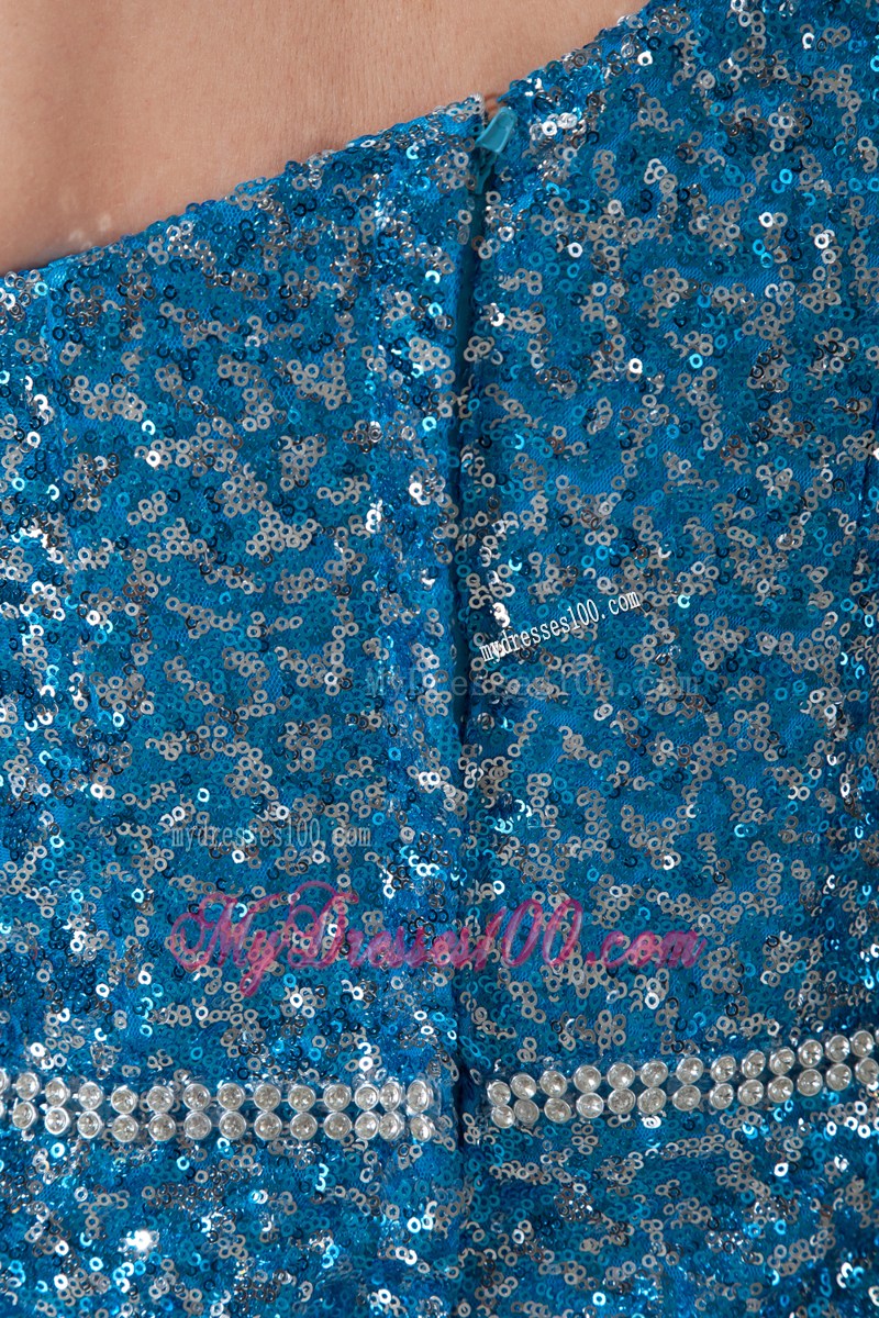 Teal Asymmetrical Sequins Prom Gown of Ankle-length