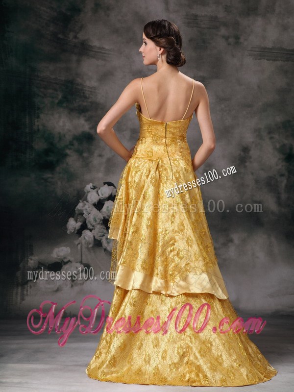 Modest Gold High-low Prom Dress with Straps Lace and Brush Train