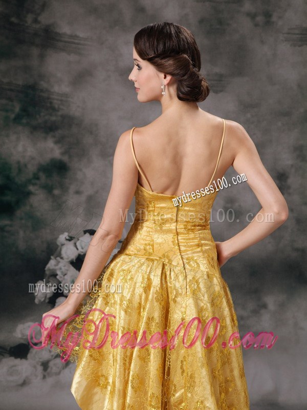 Modest Gold High-low Prom Dress with Straps Lace and Brush Train