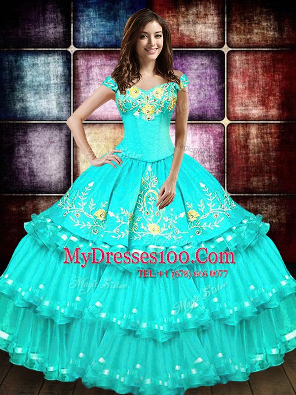 Off the Shoulder Turquoise Sleeveless Embroidery and Ruffled Layers Floor Length Ball Gown Prom Dress