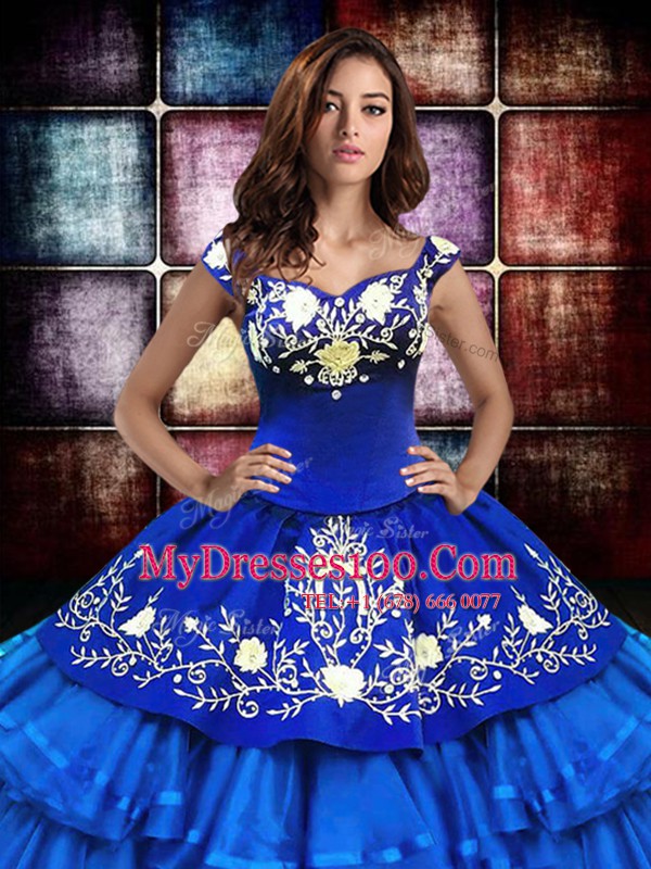 Off the Shoulder Turquoise Sleeveless Embroidery and Ruffled Layers Floor Length Ball Gown Prom Dress