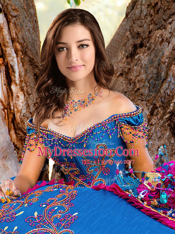 Off the Shoulder Blue Sleeveless Taffeta Lace Up Quinceanera Dress for Military Ball and Sweet 16 and Quinceanera