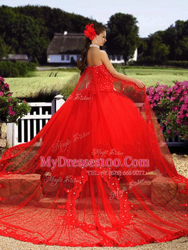 Deluxe Tulle Sleeveless With Train Quinceanera Gowns Watteau Train and Beading and Lace